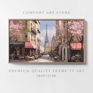 Könnte beinhalten: Ein Gemälde, das eine Pariser Straßenszene mit dem Eiffelturm im Hintergrund zeigt. Die Straße ist gesäumt von Cafés und Geschäften, und Menschen gehen und sitzen draußen. Die Bäume blühen und der Himmel ist blau.