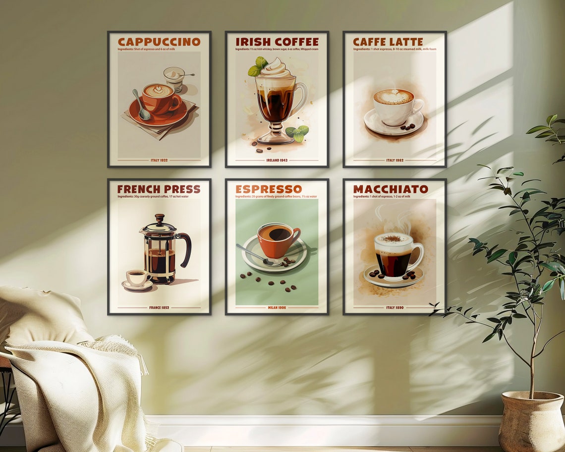 set of 8 kitchen prints, coffee print set, fork spoon... Coffee Print Set of 6 Retro Poster Cappuccino Irish Coffee Caffe Latte ...