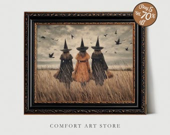 Halloween PRINTABLE Wall Art Vintage Witch Print Moody Gothic Spooky Decor Witchy Painting Rustic Cottagecore Dark Academia Digital Download