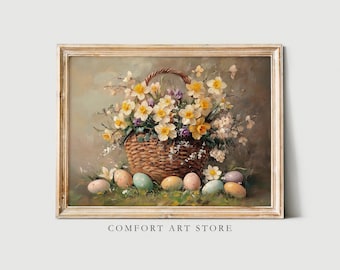 Easter Eggs Print Easter Wicker Basket Spring Flower Scene Easter Basket Eggs Nursery Decor Easter Egg Wall Art Easter Printable Vintage Egg