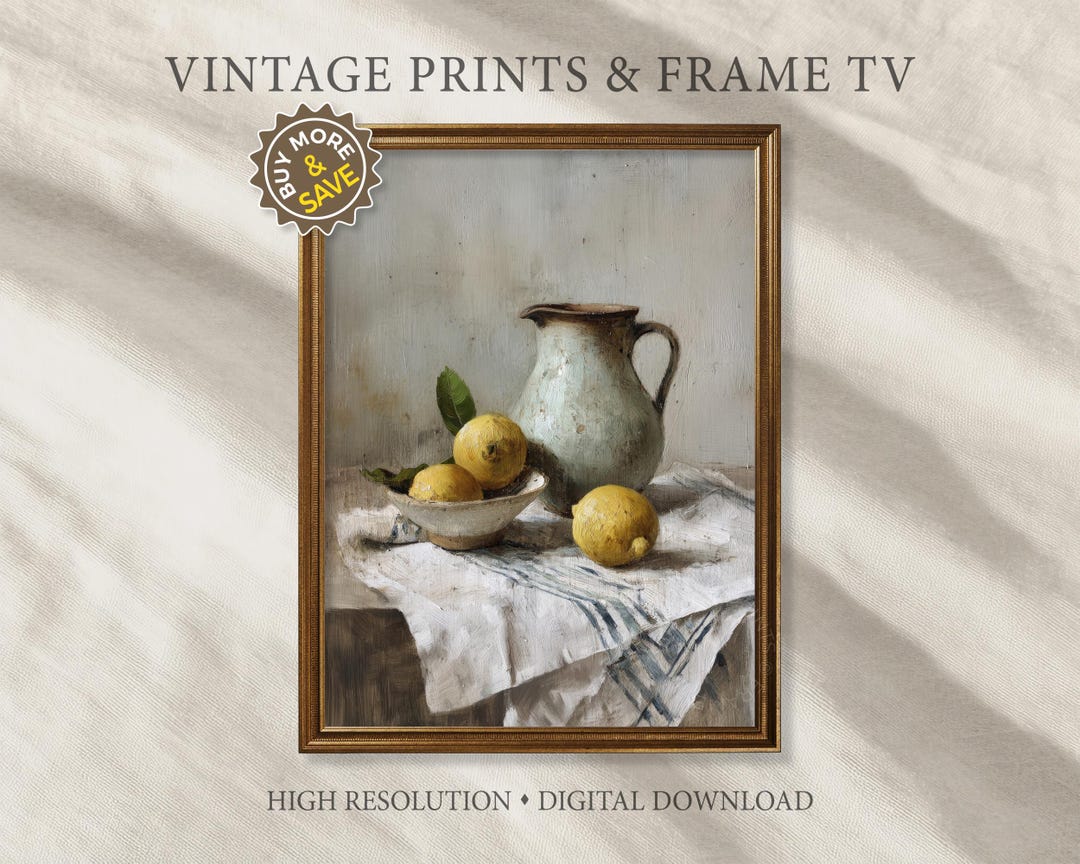 Vintage Lemon Still Life Kitchen Wall Art, Rustic Oil Painting Style ...
