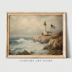 Independence Day Print 4th of July Art American Flag Printable Summer Wall Art Vintage Decor Coastal Lighthouse Patriotic USA Flag Painting