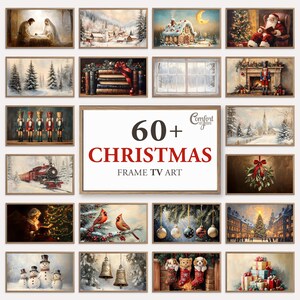 Può includere: Una collezione di stampe artistiche incorniciate a tema natalizio. Le immagini raffigurano varie scene festive, tra cui Babbo Natale, paesaggi innevati e decorazioni natalizie. La cornice centrale mostra il testo "60+ CHRISTMAS FRAME TV ART."