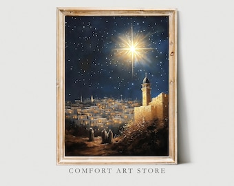May include: A painting of a night sky with a bright star shining over a city. The city is lit up with lights and there are three figures in the foreground.