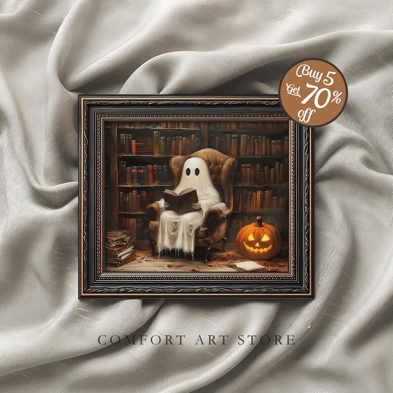 Halloween Cute Ghost Reading Book Print Vintage Gothic Printable Wall ...