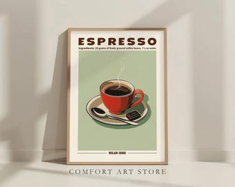 May include: A vintage-style poster with a green background featuring a red coffee cup with a brown saucer and a chocolate square. The text on the poster reads "ESPRESSO" and "Ingredients: 20 grams of finely ground coffee beans, 1 1/2 oz water" and "MILAN 1906".