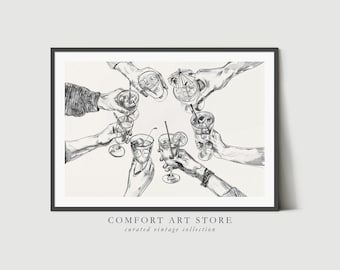 Impresión de "Salud". Arte mural de cócteles con alcohol y manos de amigos, póster retro de bebidas, decoración para carrito de bar, letrero imprimible de "Salud", arte para carrito de bar.