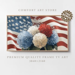 Independence Day Frame TV Art Samsung Frame TV 4th of July Print Vintage American Flag & Hydrangea Bouquet Patriotic USA Painting Download