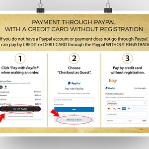May include: A guide on how to pay with a credit card without a PayPal account. The image shows a step-by-step process with screenshots and instructions. The text includes "Pay with PayPal" and "Checkout as Guest".