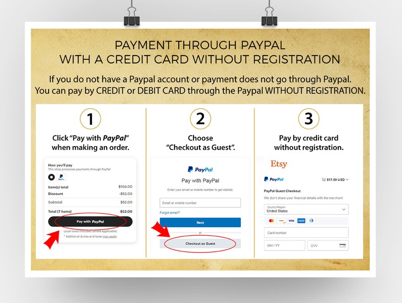 May include: A guide on how to pay with a credit card without a PayPal account. The image shows a step-by-step process with screenshots and instructions. The text includes "Pay with PayPal" and "Checkout as Guest".