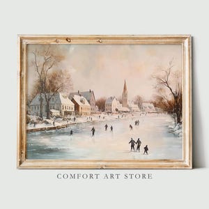 Christmas Wall Art Vintage Holiday Decor Ice Skating Winter Landscape Frozen Lake Neutral Rustic Antique Print Cottagecore Christmas Lake