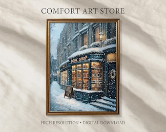 Christmas Wall Art Print Vintage Winter Book Shop Painting Bookish Decor Reading Nook Printable Antique Library Book Store Book Lover Gift