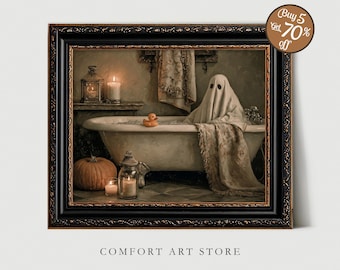 Ghost Bathroom Print Halloween Printable Wall Art Vintage Cute Ghost Bathtub Rubber Duck Print Moody Spooky Decor Dark Academia Painting