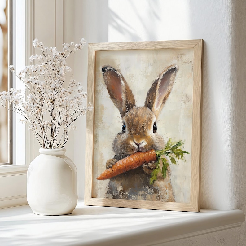 May include: A framed painting of a brown rabbit with long ears holding a carrot in its mouth. The rabbit is looking directly at the viewer. The background is a light beige color.