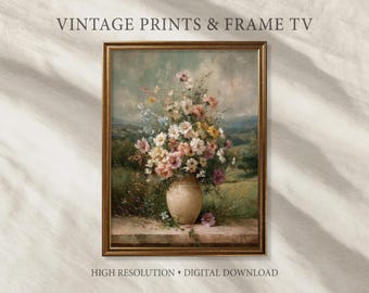 Easter Wall Art Print Moody Spring Meadow Vintage Painting Rustic Vase with Wildflowers Easter Holiday Nursery Decor Digital Printable