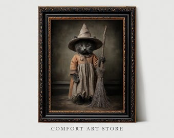 May include: A framed print featuring a gray cat dressed as a witch, wearing a pointed hat and holding a broom. The cat is wearing a tan dress and the print is framed in a black ornate frame. The text "COMFORT ART STORE" is at the bottom.