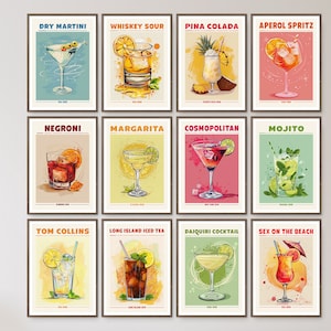 Cocktail Print Set of 12 Retro Exhibition Poster Martini Whiskey Pina Colada Aperol Spritz Margarita Mojito Classic Alcohol Bar Cart Decor