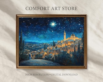May include: A framed painting depicts a nighttime cityscape under a starry sky. The artwork features a town with illuminated buildings, a prominent church, and a figure in the foreground. The frame is a warm, golden brown. The text "COMFORT ART STORE" and "HIGH RESOLUTION • DIGITAL DOWNLOAD" are visible.