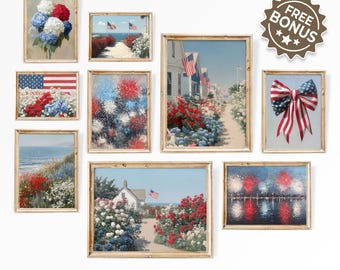 Independence Day Wall Art Set of 9 Print 4th of July Printable Vintage Patriotic Bow American Flag USA Flag Flower Coastal Cottage Fireworks