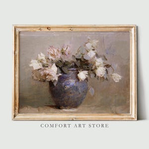 Impresión de rosas vintage, ramo, arte de pared, pintura al óleo botánica, impresión antigua, flor rústica apagada en jarrón, póster de naturaleza, decoración de granja