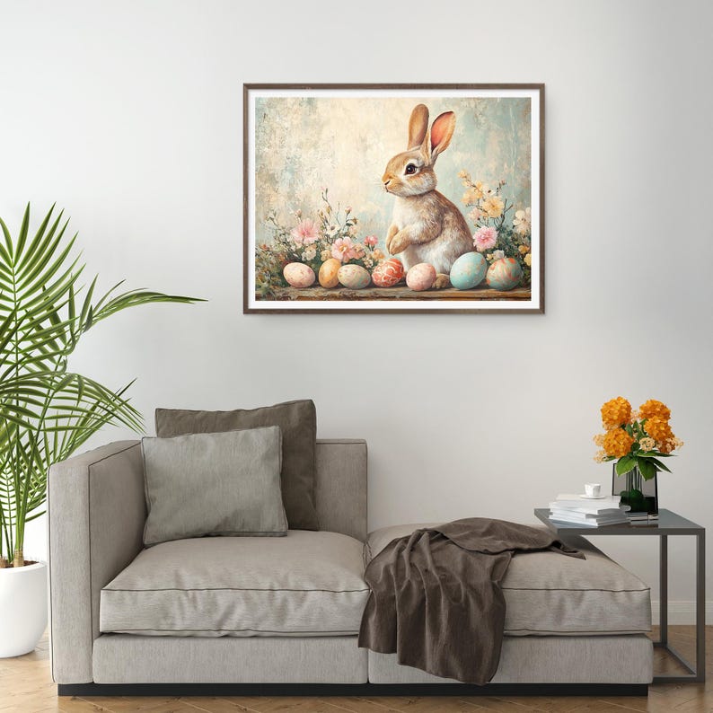 Puede incluir: Un conejo marr&oacute;n se sienta entre un grupo de huevos de Pascua coloridos y flores rosas. El conejo est&aacute; mirando hacia la izquierda de la imagen. El fondo es una acuarela de color azul claro y blanco.