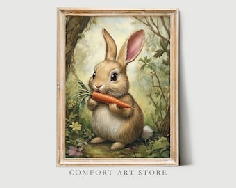 Easter Bunny Print Cute Easter Rabbit Neutral Spring Flower Easter Bunny & Carrot Nursery Wall Art Easter Printable Vintage Decor Rabbit Art