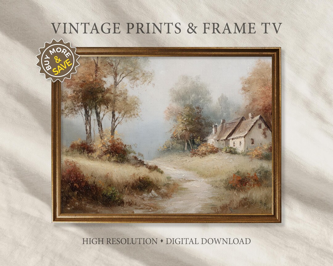 Vintage Autumn Landscape Oil Painting of Cozy Cottage With Rustic Path ...