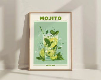 Impresión de cóctel mojito. Cóctel clásico con alcohol. Póster retro para exposición de cócteles. Decoración para carrito de bar. Arte imprimible con receta de mojito.