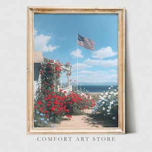 Independence Day Print 4th of July Printable Summer Wall Art Vintage Decor American Flag Coastal Cottage Garden Patriotic USA Flag Painting