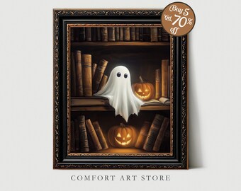 May include: A framed Halloween-themed print featuring a friendly ghost and two glowing jack-o'-lanterns on a bookshelf filled with old books. The artwork has a dark, vintage aesthetic with the text "COMFORT ART STORE".