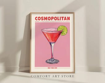 Stampa cocktail Cosmopolitan Poster cocktail Cocktail alcolici Arte murale Cosmopolitan Decorazione carrello bar per la casa Insegna per drink retrò Ricetta Cosmopolitan