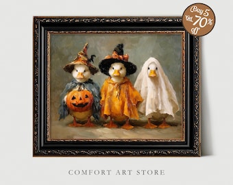 Halloween Duck Print Three Cute Ducks Printable Halloween Costumes Witch Pumpkin Ghost Wall Art Vintage Moody Print Spooky Decor Painting