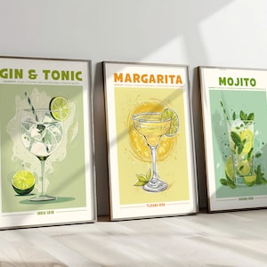 Cocktailprint Set van 3 klassieke retro-tentoonstellingsposter alcoholcocktail. Home Bar Cart Decor Mojito Margarita Gin Tonic Cocktails Afdrukbaar