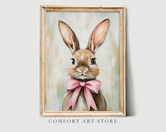 Easter Bunny Print Cute Easter Rabbit Neutral Spring Decor Easter Bunnies Pink Ribbon Bow Nursery Wall Art Kids Room Printable Vintage Decor