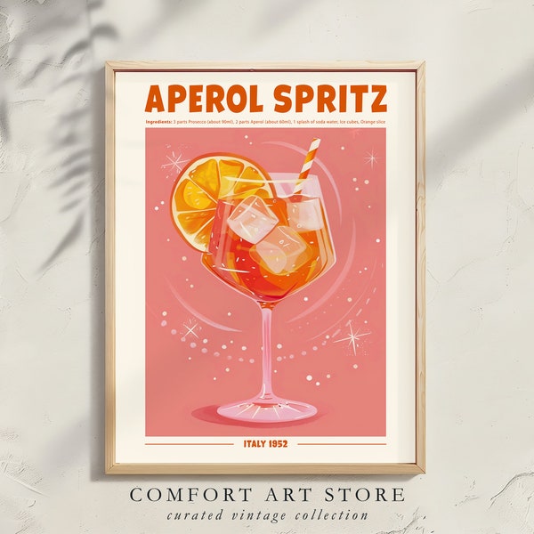 Aperol Spritz Cocktail Print. Classic Alcohol Cocktail. Retro Cocktail Exhibition Poster. Home Bar Cart Decor. Aperol Cocktail Printable