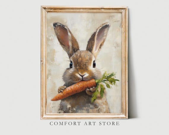 Easter Bunny Print Cute Easter Rabbit Neutral Spring Flower Easter Bunny & Carrot Nursery Wall Art Easter Printable Vintage Decor Rabbit Art