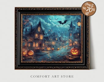Spooky Town Print Halloween Jack o Lantern Printable Vintage Haunted Village Wall Art Moody Fall Painting Spooky Decor Dark Academia Digital