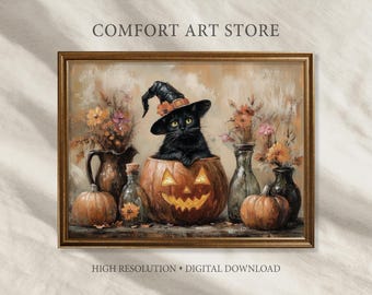 Halloween utskrivbar väggkonst häxa svart katt Jack O'Lantern-tryck Halloweenmålning vintage stilleben läskig dekor Dark Academia digital