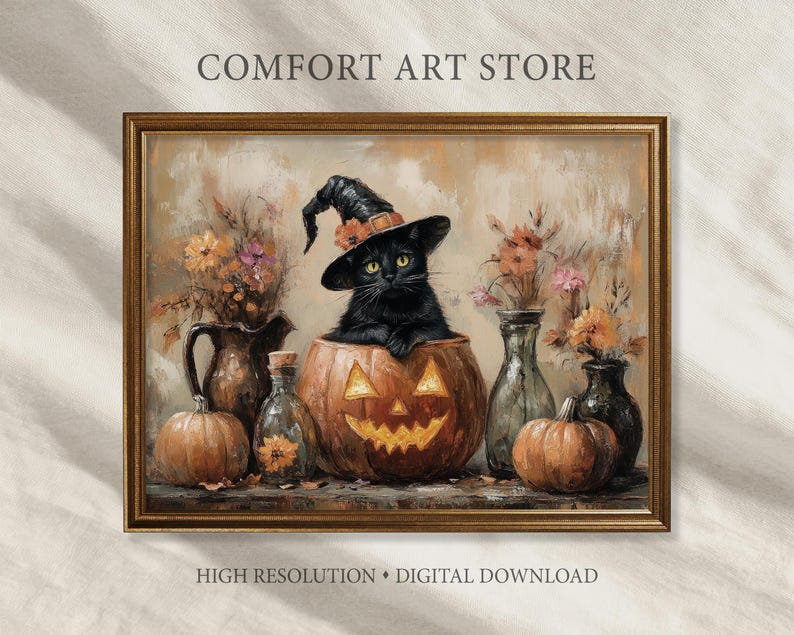 Halloween Printable Wall Art Witch Black Cat Jack O Lantern Print ...