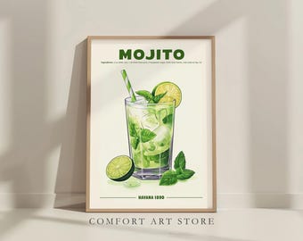 Cocktail Mojito, stampa, poster, cocktail alcolici, Mojito, arte murale, decorazione per carrello bar, cartello retrò, bevanda Mojito, ricetta Mojito stampabile
