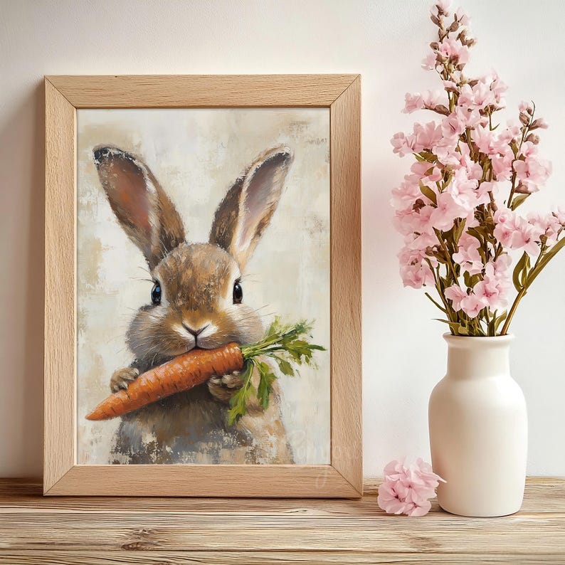 May include: A painting of a brown rabbit with big ears holding a carrot in its mouth. The rabbit is looking at the viewer. The painting is in a light wood frame.