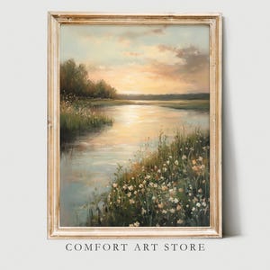 Impresión de campo de flores silvestres de primavera, decoración de Pascua, arte de pared de flores de primavera, paisaje vintage imprimible, pintura al óleo de granja neutra, atardecer, río