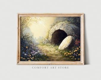Easter Wall Art Resurrection Jesus Easter Printable He is Risen Vintage Christian Painting Jesus Christ Risen Print LDS Decor Empty Tomb Art