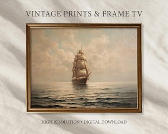 Vintage sailing ship wall art, antique tall ship painting, nautical ocean decor printable for living room office