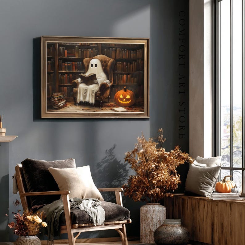 Halloween Cute Ghost Reading Book Print Vintage Gothic Printable Wall ...