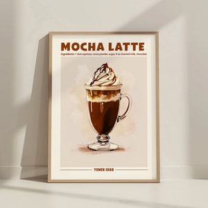 Retro Mocha Latte Coffee Print. Home bar kitchen or cafe decor cart sign. Gift for coffee lovers. Drink poster. Mocha Latte recipe wall art