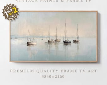 Vintage Calm Vintage Small Sailboats In Harbor Frame TV Art Vintage Oil Painting Samsung Frame TV Art