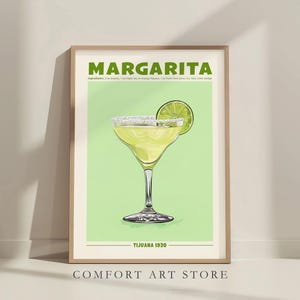 Impresión de cóctel Margarita Póster de cóctel Cóctel con alcohol Arte mural de margarita Decoración de carrito de bar para el hogar Letrero de bebida retro Receta de margarita imprimible