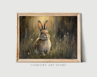 Paashaas afdrukken antieke paashaas schilderij donkere lente wilde bloemen kinderkamer afdrukbare paashaas kunst aan de muur paasdecor vintage konijn