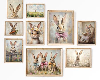 Easter Wall Art Set of 9 Print Cute Easter Bunny Print Spring Flower Field Nursery Decor Easter Printable Bunny Carrot Vintage Easter Print
